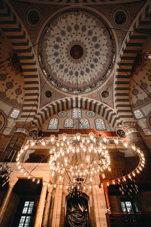 Chandelier Hanging from a Mosque Dome Ceiling