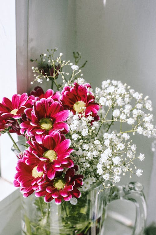 Red and White Flowers in Glass Vase 