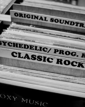 Close-up view of classic rock vinyl records in a black and white setting.