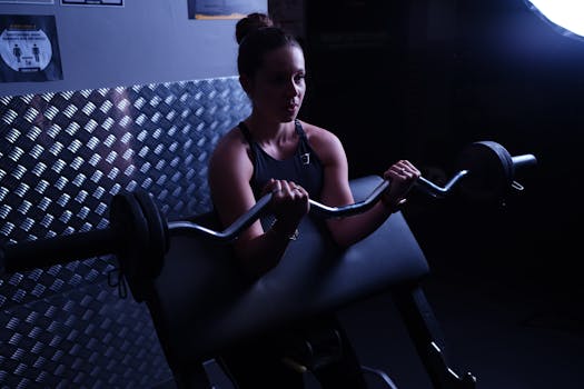 Focused woman weightlifting with barbell in a Paris gym, highlighting strength and determination.