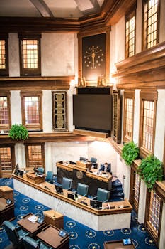 Interior view of the Indiana State Senate chamber, showcasing architecture and decor.