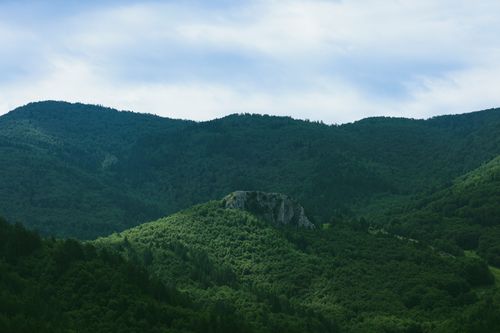 Free Aerial view of a lush green forested mountain landscape under a cloudy sky, showcasing natural beauty. Stock Photo
