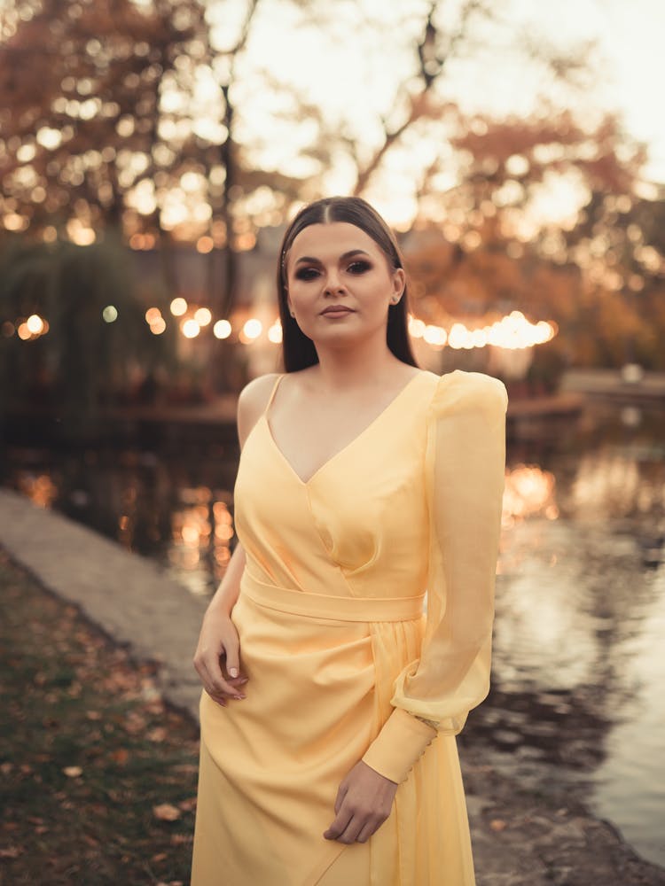 Woman In Yellow V-neck Dress 