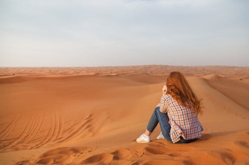 Back View of Woman in Plaid Long Sleeves Sitting on a Dessert 