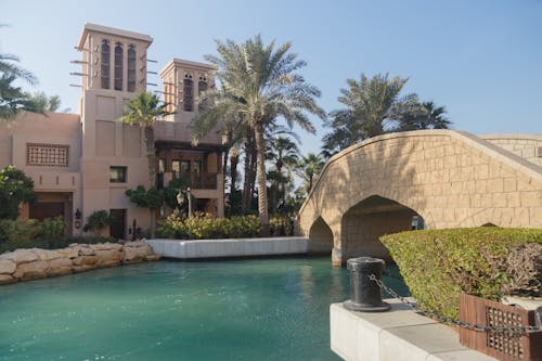 Hotel and Palm Trees near River