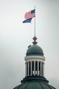 View of American and Indiana flags on Indiana State Capitol dome in Indianapolis.
