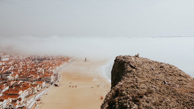 Aerial view of Nazaré beach, Portugal with cloudy skies and seagulls in flight.