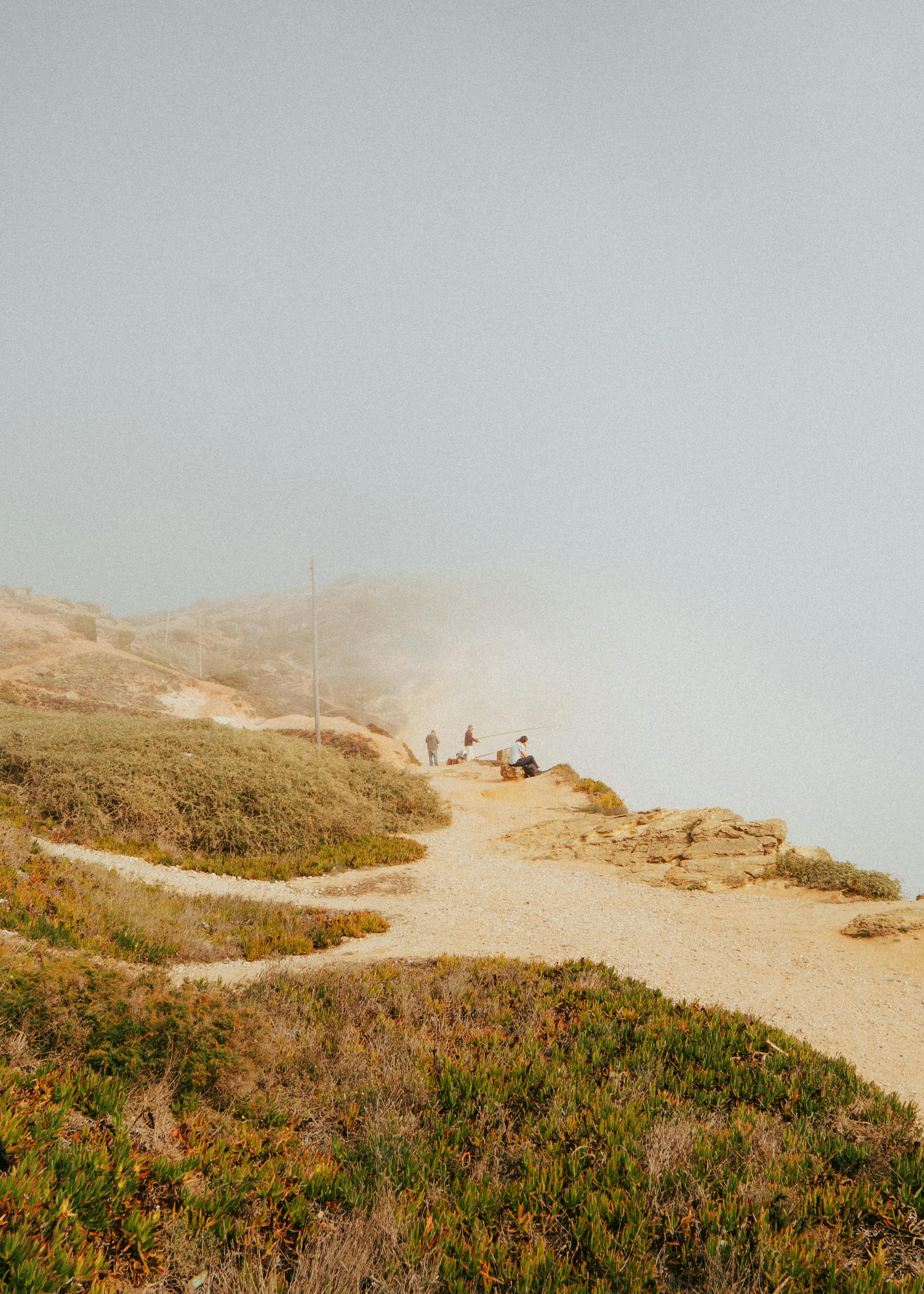 group of people standing on a cliff in fog