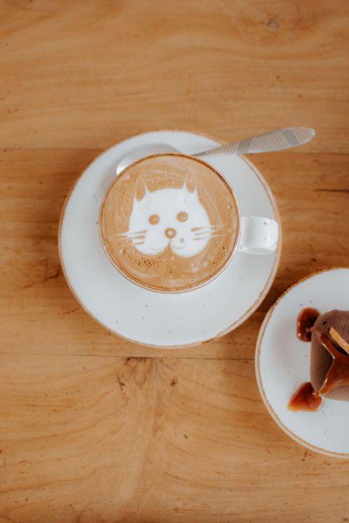 Free Top view of a cappuccino with cat latte art and dessert on a wooden table. Stock Photo