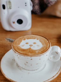 A charming latte with cat art design served in a rustic ceramic cup, perfect for cozy coffee moments.