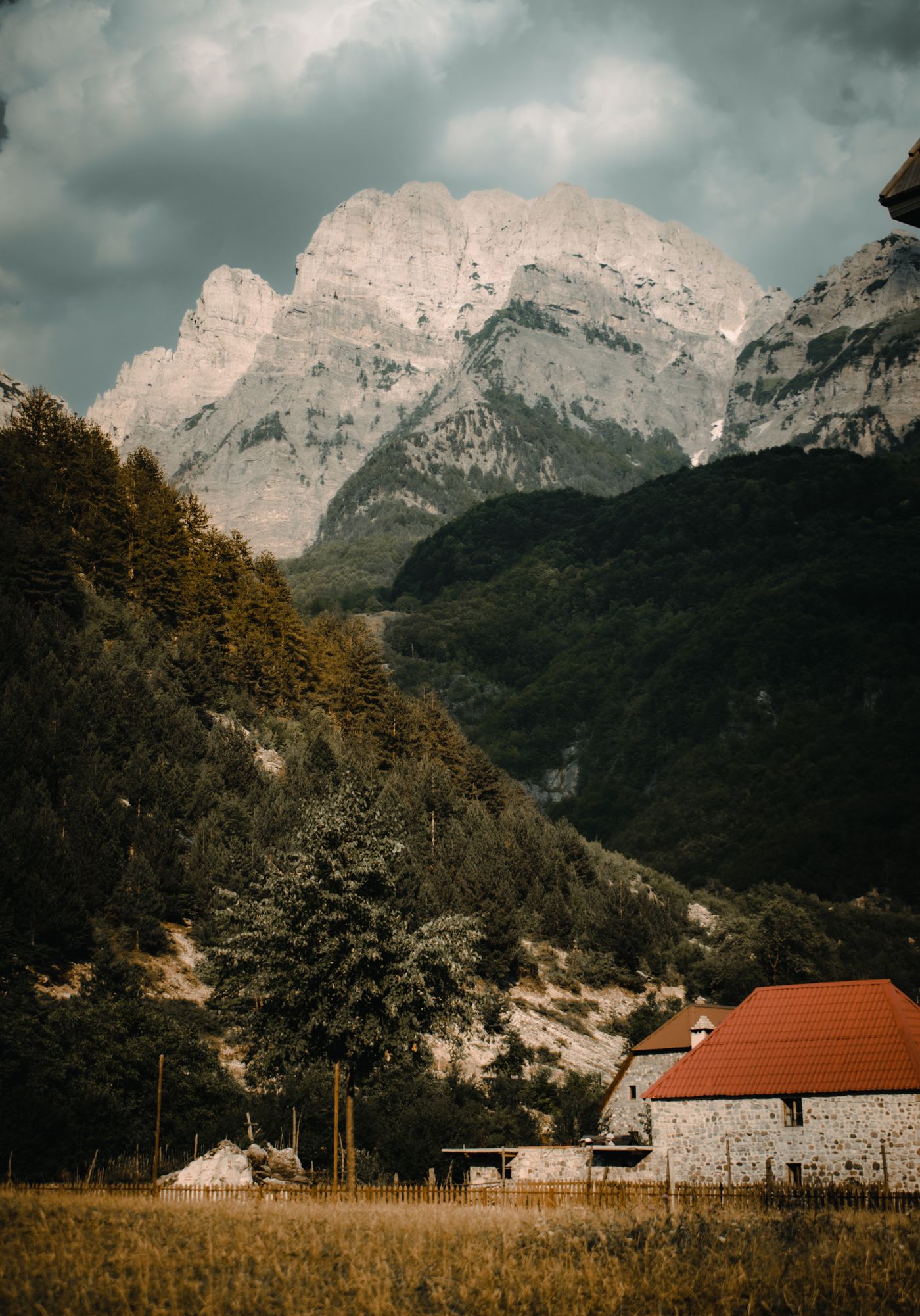 Majestic mountains and village houses in Theth Albanian Alps