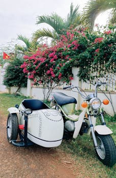 A classic motorcycle with a sidecar parked beside a blooming flower bush on a dirt road.