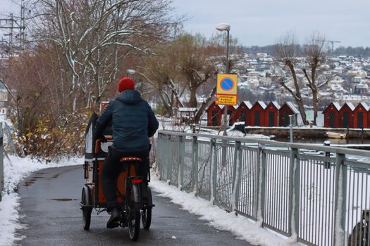 A Person in a Puffer Jacket Riding a Cargo Bicycle