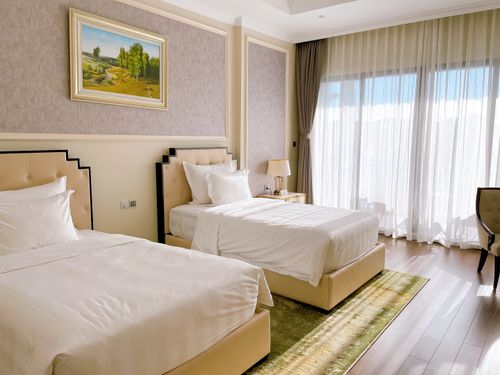 Free A sunlit bedroom with twin beds and elegant decor perfect for relaxation. Stock Photo