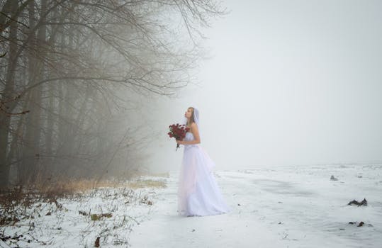 A bride in a wedding gown holding flowers in a snowy, misty forest setting.