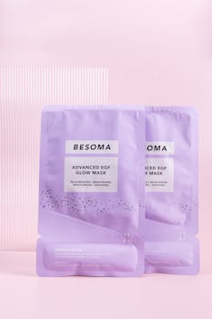 Lavender Besoma glow masks displayed in a minimalist product photography setting.