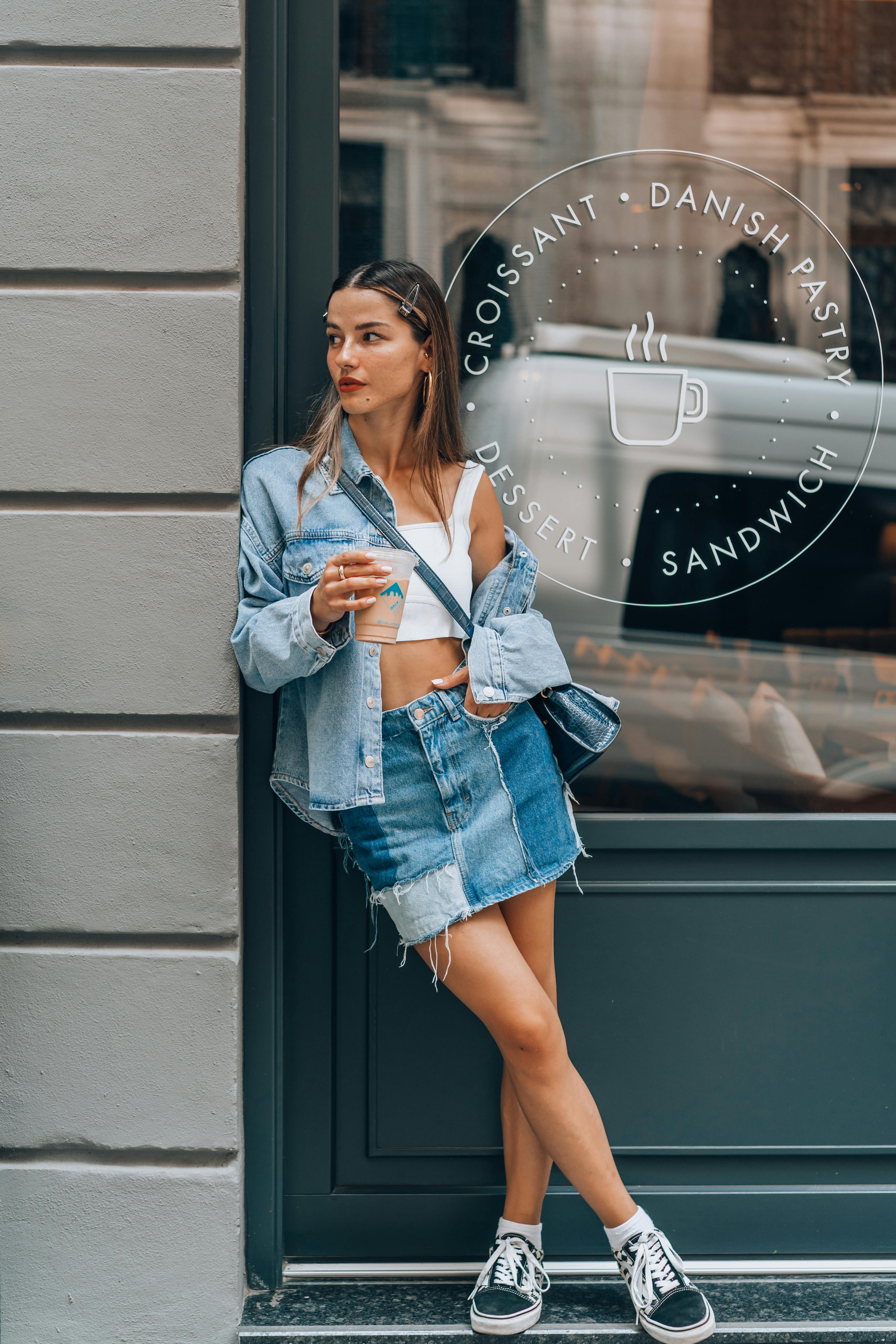 Green denim skirt and on sale jacket