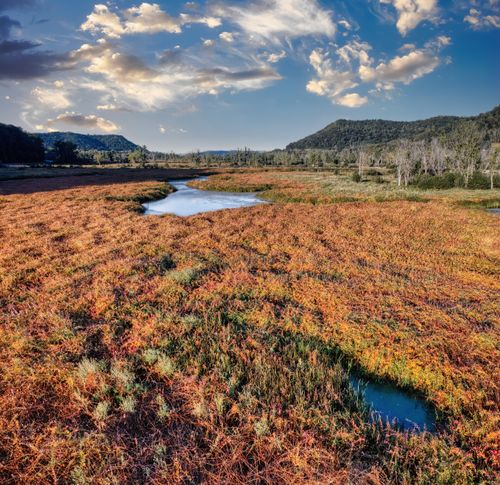 Free Aerial view of marshlands with a river at sunset in Tell, Wisconsin. Stock Photo