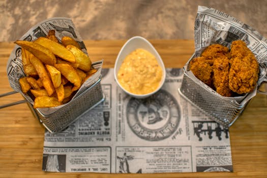 Delicious crispy french fries and fried chicken served with a savory dipping sauce.