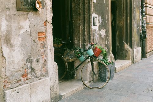 Free Old bicycle with potted plants by a rustic doorway in Kraków, Poland. Stock Photo