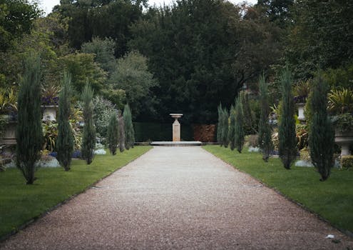 Tranquil garden pathway flanked by manicured trees, creating a serene outdoor ambiance.