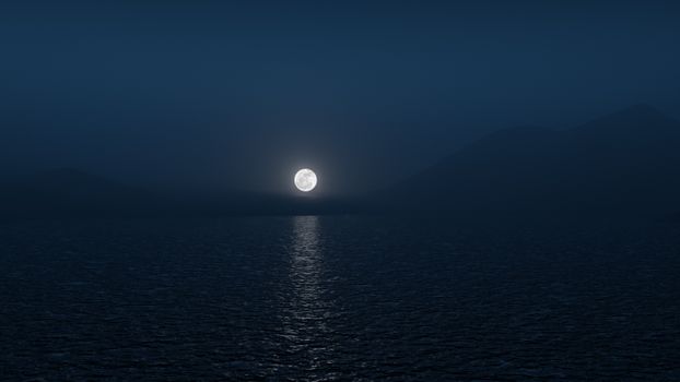 Tranquil full moon illuminating the calm sea at night, creating a serene ambiance.