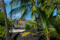 A serene beach scene with palm trees and traditional structures in Honaunau-Napoopoo, HI.