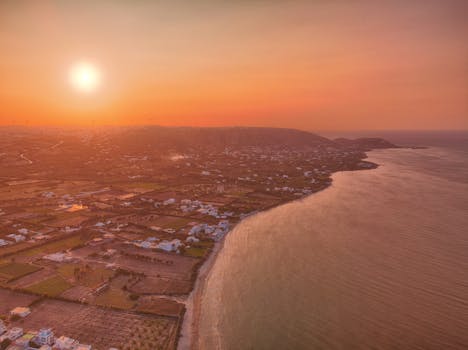 Stunning sunset aerial view of the Ras Jebel coastline in Tunisia, capturing the serene seascape and landscape.