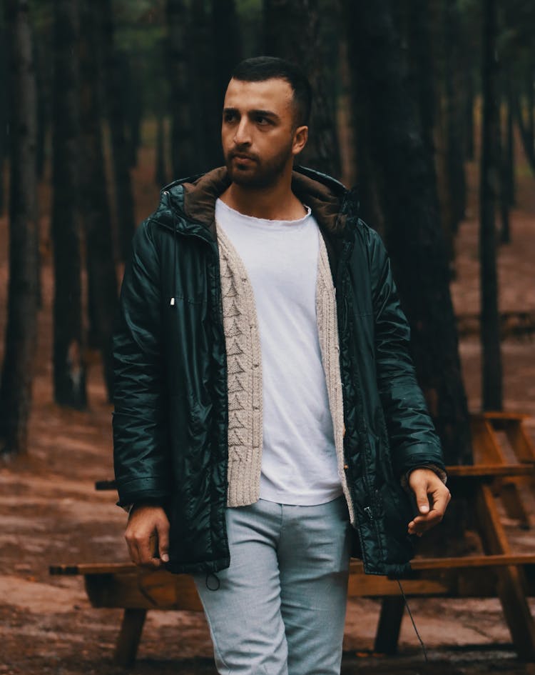 Man In Dark Blue Jacket In The Forest