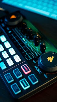 Colorful illuminated audio mixer panel with knobs and sliders in a dark setting, showcasing technology and creativity.