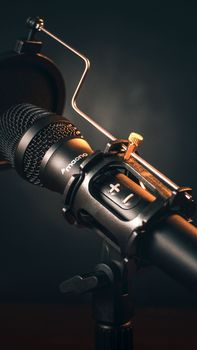 A detailed shot of a black professional microphone on a stand, suitable for audio recording.