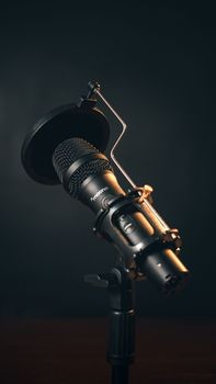 Detailed close-up of a professional studio microphone with a pop filter against a muted gray background.