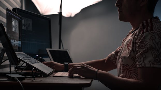 A man editing photos on multiple screens at a desk in dim lighting.