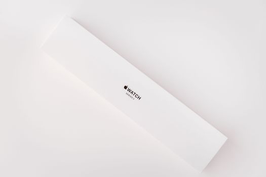 Sleek and minimalist Apple Watch box on a clean white background, emphasizing simplicity.