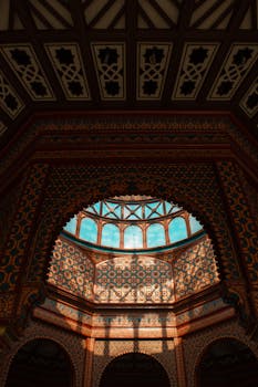 Spectacular interior view of the Neo-Mudejar dome at Morisco Kiosk in Mexico City.