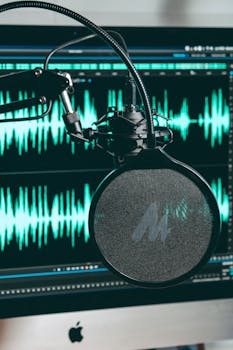 High-quality microphone in front of a monitor displaying audio waveforms in a recording studio.
