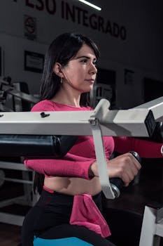 Woman working out on a machine in a gym, showcasing fitness and dedication.