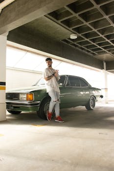 A stylish man leans on a classic green car in a dimly lit parking garage, showcasing urban fashion.