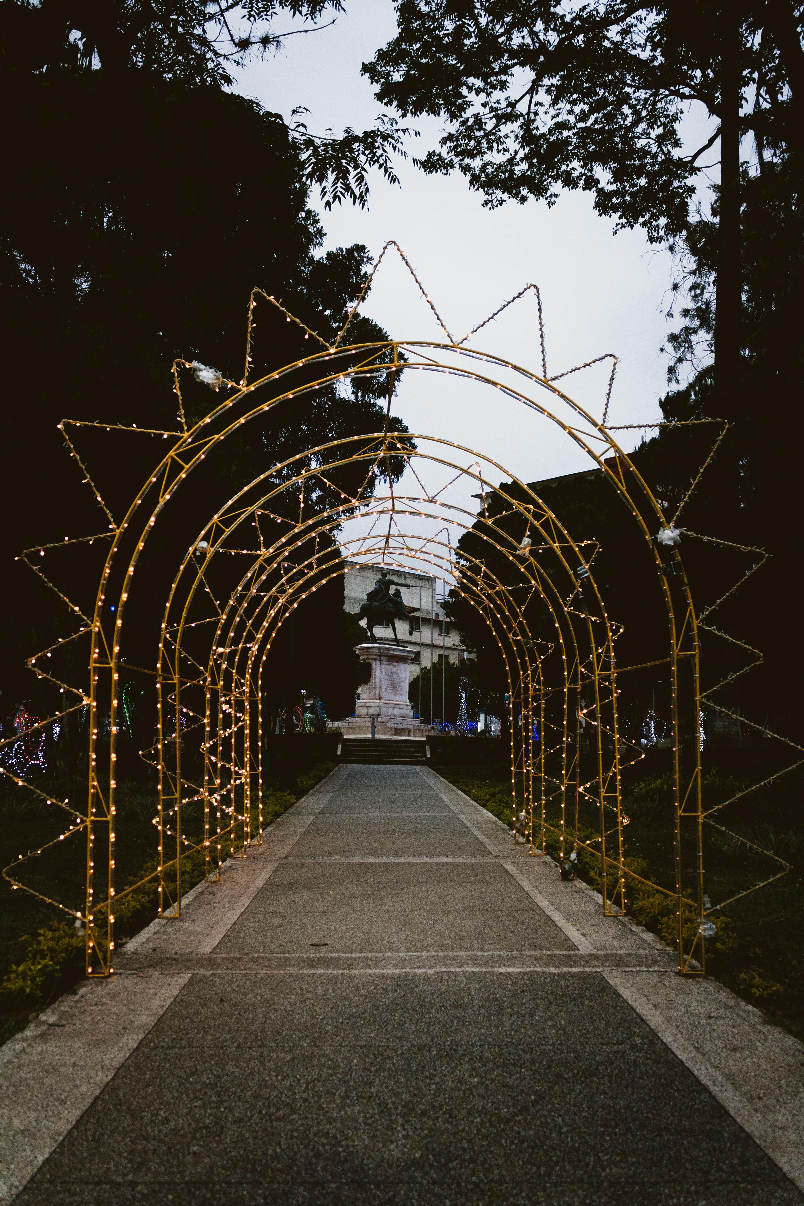 brown metal bridge with lights