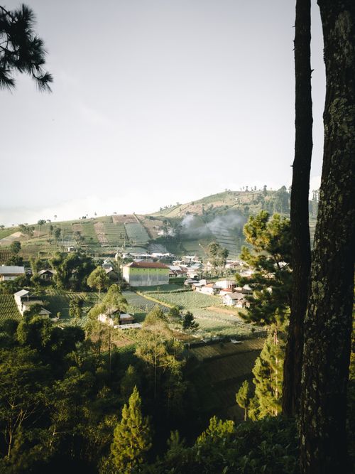 Free Scenic view of a rural village surrounded by lush green hills and fields. Stock Photo