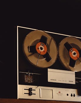 Close-up of a classic reel-to-reel tape recorder, showcasing vintage audio equipment aesthetics.
