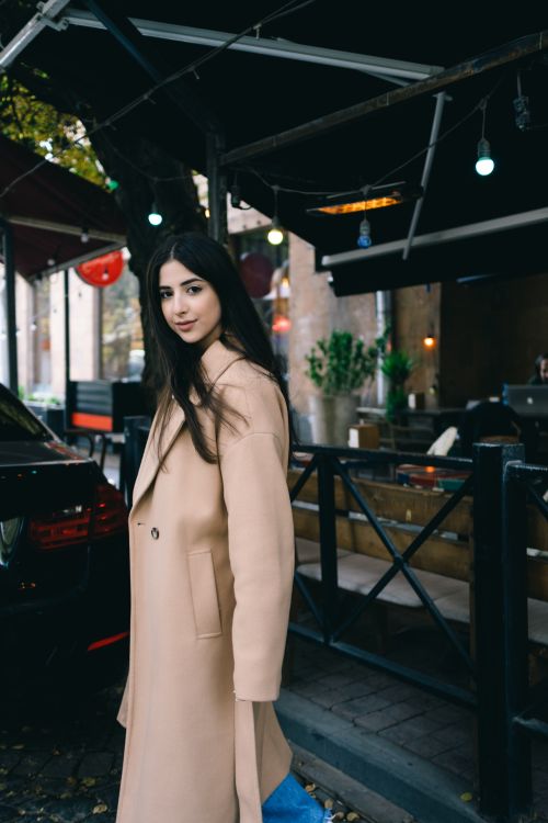 Cozy wool coat with beanie casual winter