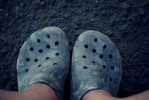 Person Wearing Blue Camouflage Crocs