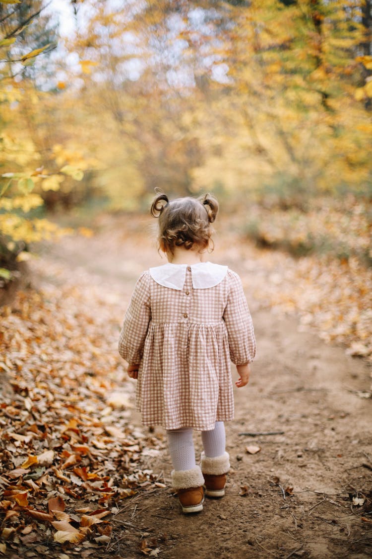 Girl Walking In Forest In Autumn