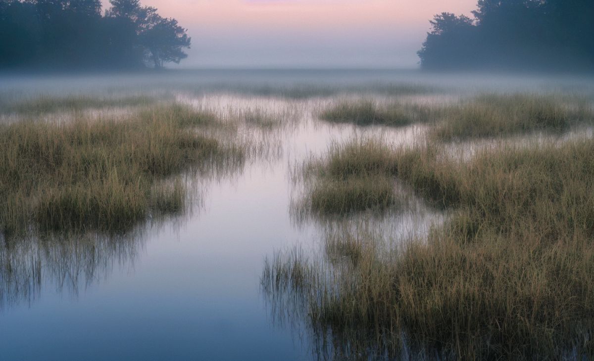 Misty wetland at sunrise with fog over still water — photo by Johannes Plenio on Pexels