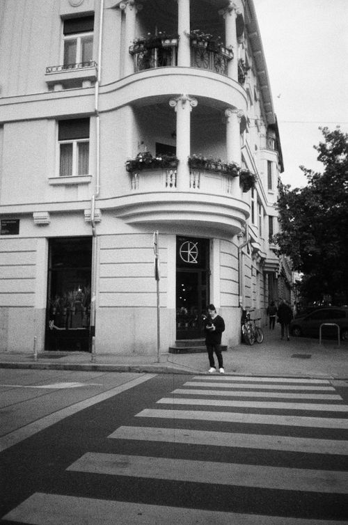 Free Black and white image of a pedestrian crossing in an urban street setting. Stock Photo