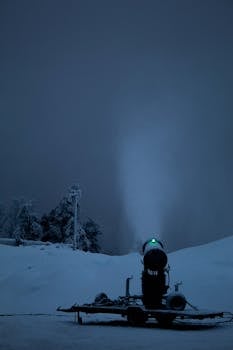 A snow cannon creating artificial snow on a serene winter night scene.