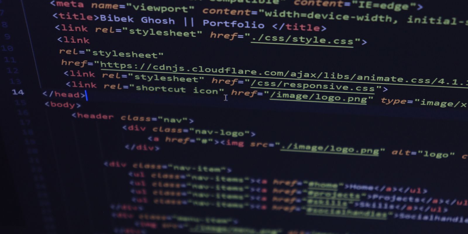 Lines of HTML and CSS code displayed on a dark code editor screen