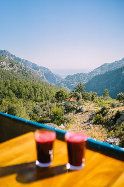 Relax with refreshing drinks and a stunning view of the Taurus Mountains in Kemer, Turkey.