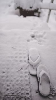 Unexpected flip-flops in snow create a surreal winter scene with footprints.